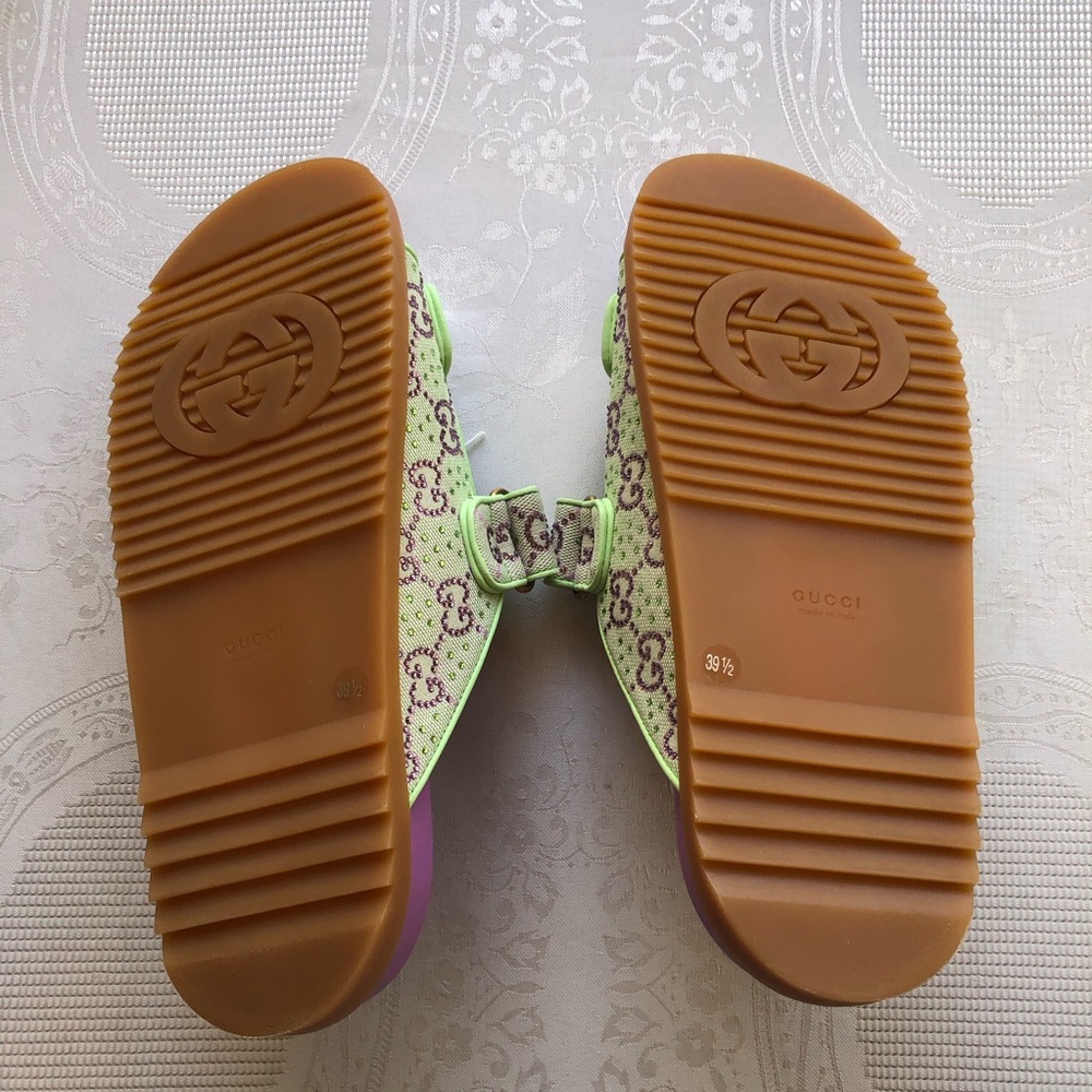 Gucci Crystal Canvas Purple/Lime GG Slides Sandals Women’s Size 39+ US-9 Shoes - Picture 4 of 14